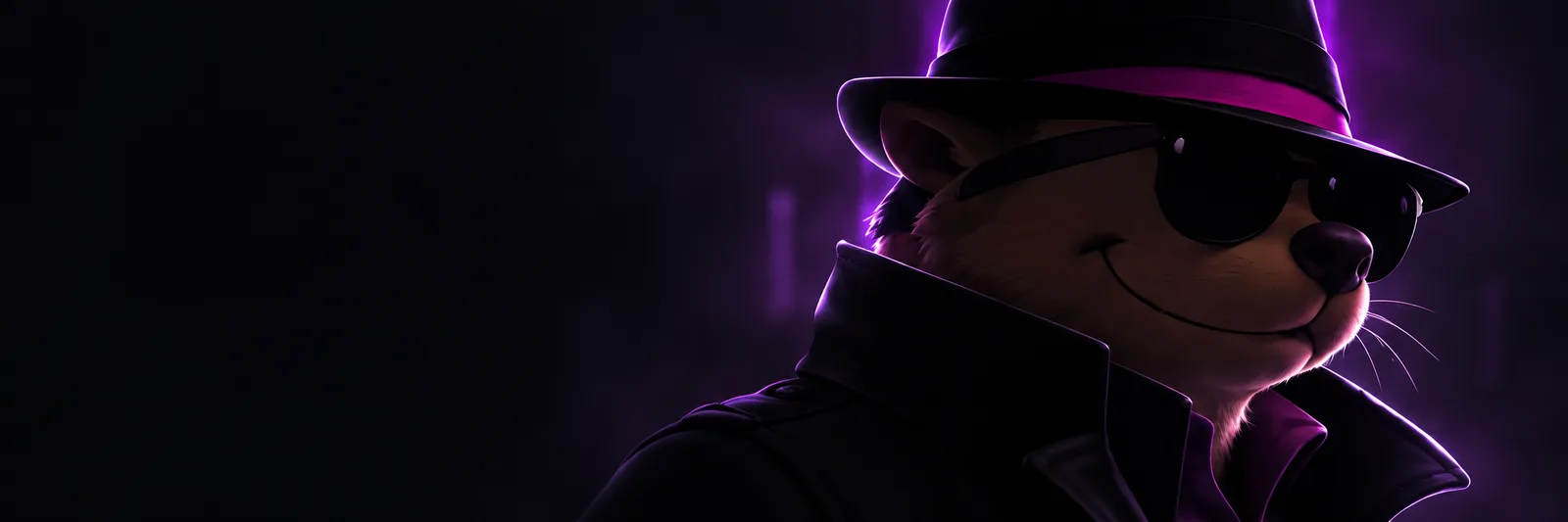 Detective Minty emerging from shadow, edged in violet light.